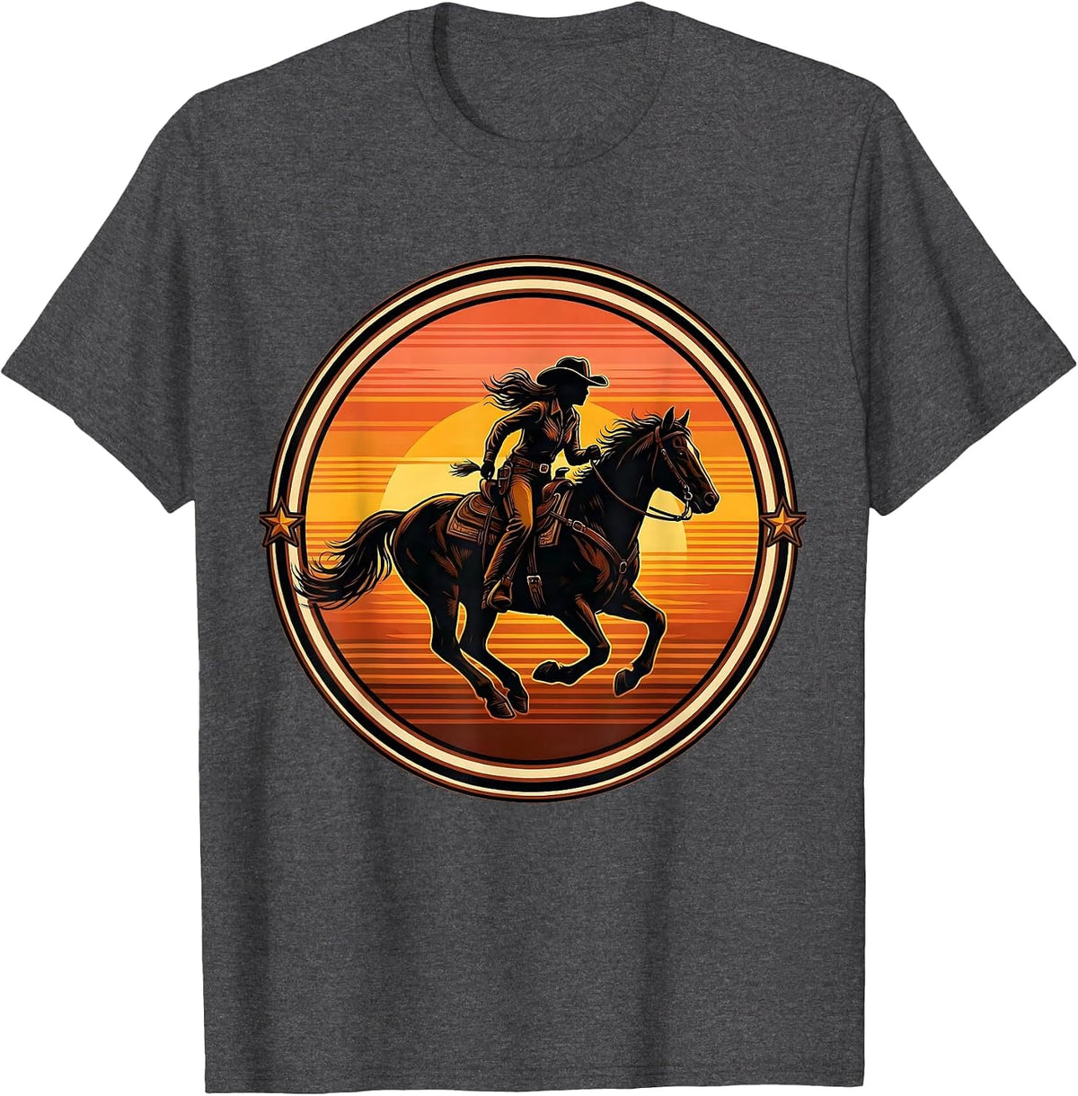 Men's Cowgirl Riding Horse at Full Gallop Graphic T-Shirt - Dark Heather Grey