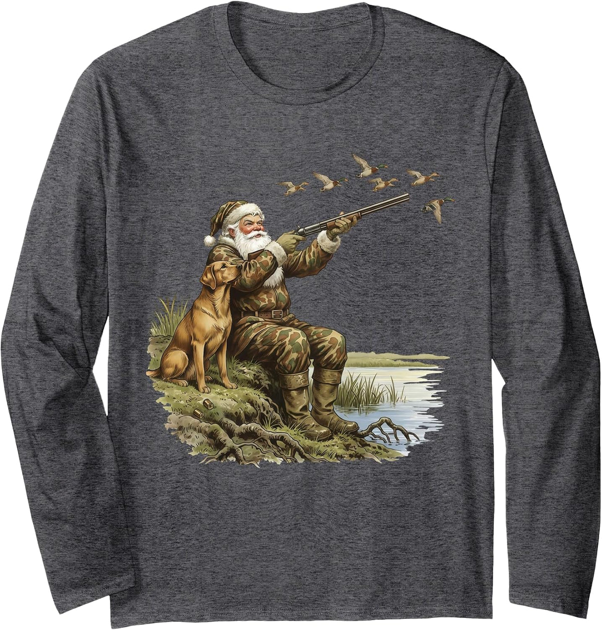 Camo Santa Mallard Duck Hunting Camouflage Christmas Hunter Long Sleeve T-Shirt - Adult Unisex Dark Heather Grey