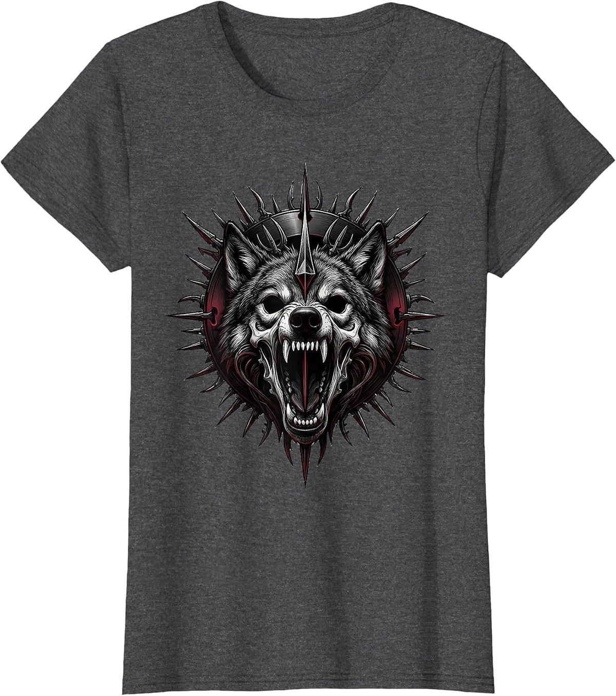 Women's Three-Eyed Wolf Blood Moon Heavy Metal Graphic T-Shirt - Dark Heather Grey