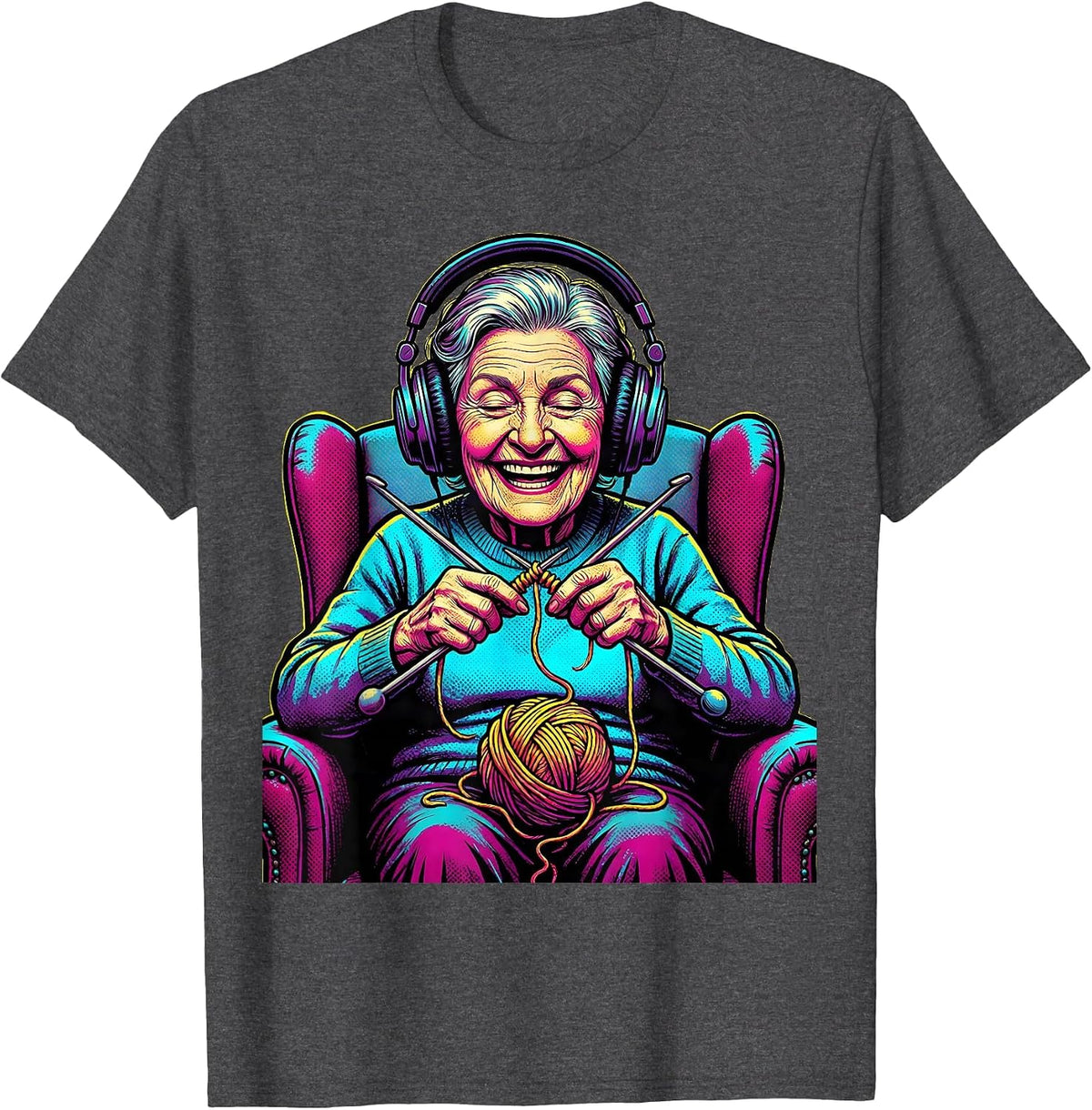 Men's Grandma Knitting With Headphones On Graphic T-Shirt - Dark Heather Grey