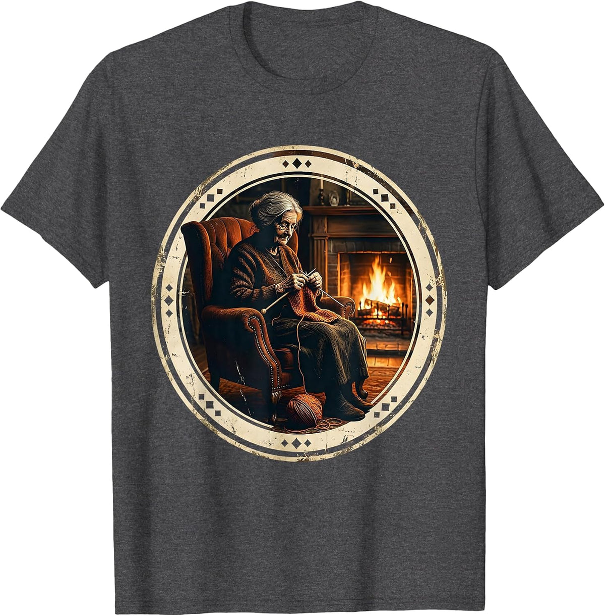Grandma Knitting by the Fireplace Graphic T-Shirt - Dark Heather Grey