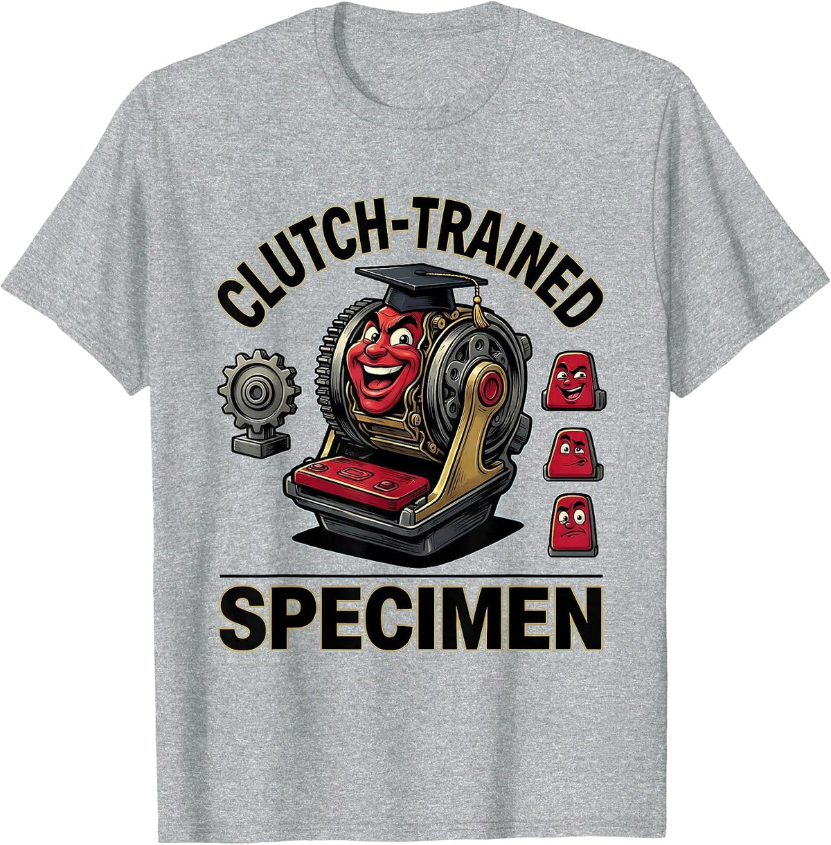 Men's Clutch-Trained Specimen Cartoon Manual Transmission Car Guy T-Shirt - Heather Grey