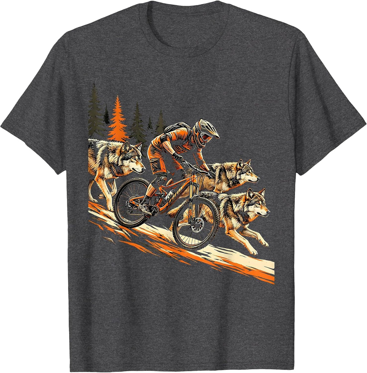 Wolf Pack Mountain Bike Trail Rider Graphic T-Shirt - Dark Heather Grey