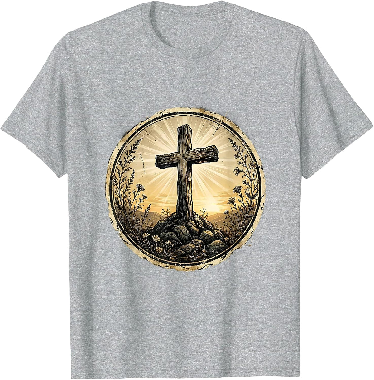 Men's Cross on Rocky Hillside at Dusk Faith Design T-Shirt - Heather Grey