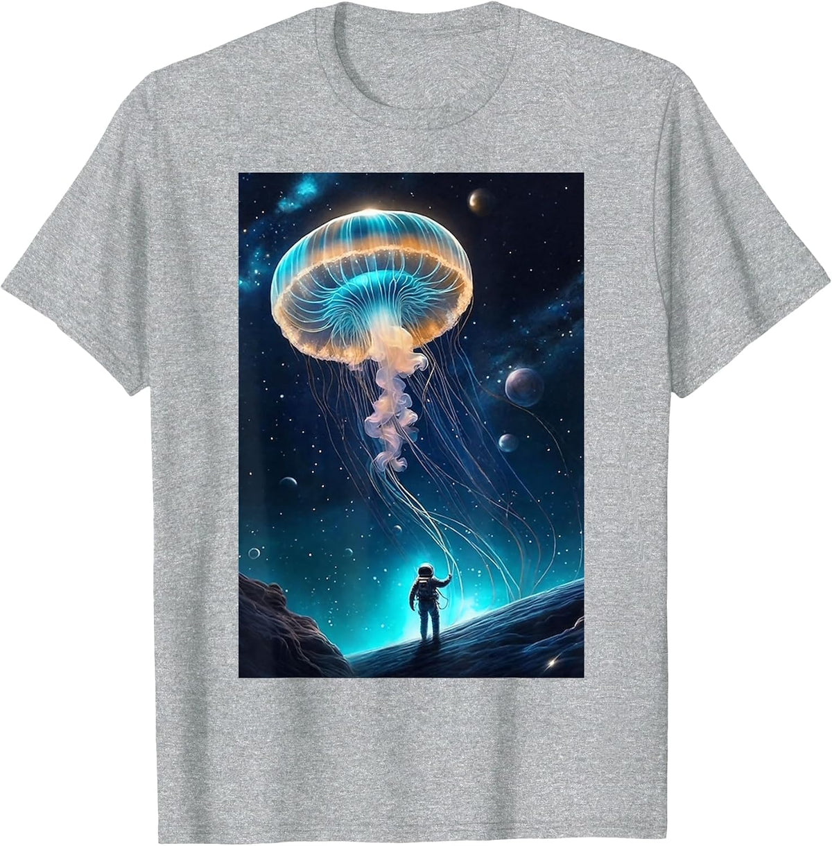 Trippy Astronaut Jellyfish Cosmic Space Aquarium Graphic T-Shirt - Heather Grey