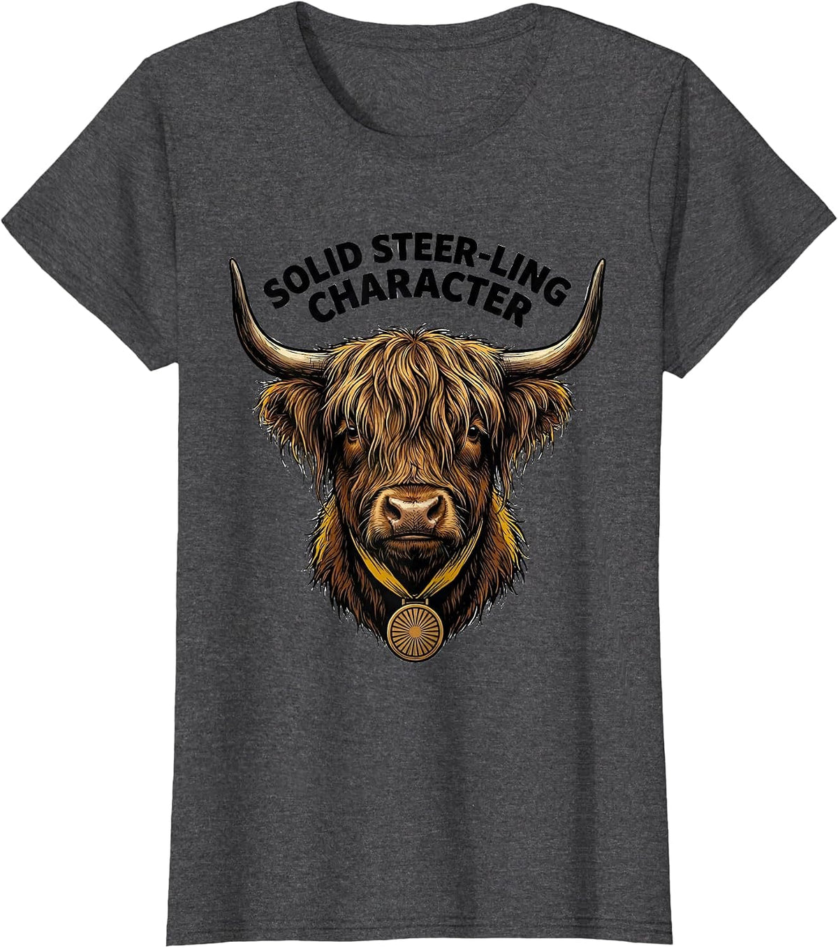 Women's Solid Steer-ling Character Funny Highland Cow Animal Lover T-Shirt - Dark Heather Grey