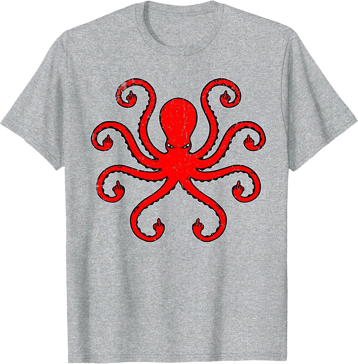 Vintage Octopus Funny Shirt Octopus Middle Fingers T-Shirt - Heather Grey