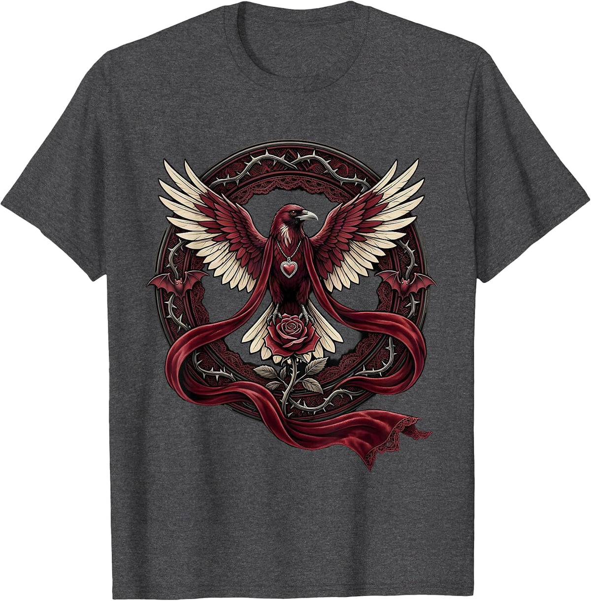 Crow with Flowing Ribbon Scarf in the Wind T-Shirt - Dark Heather Grey
