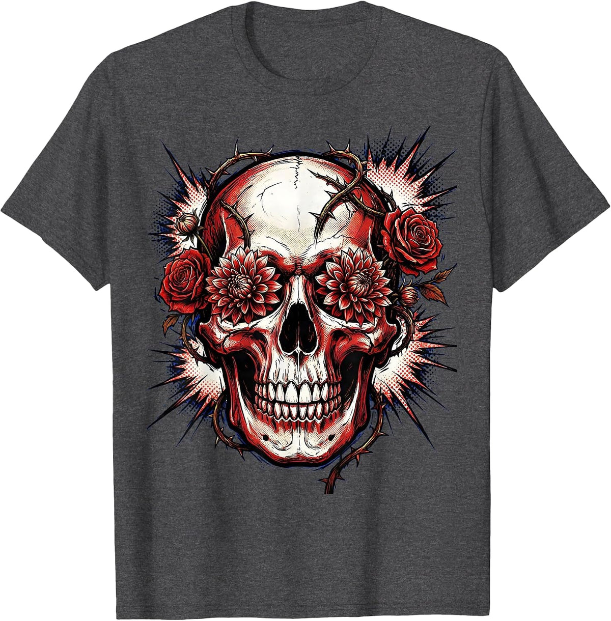Skull With Blooming Flowers Rock Band Graphic T-Shirt - Dark Heather Grey