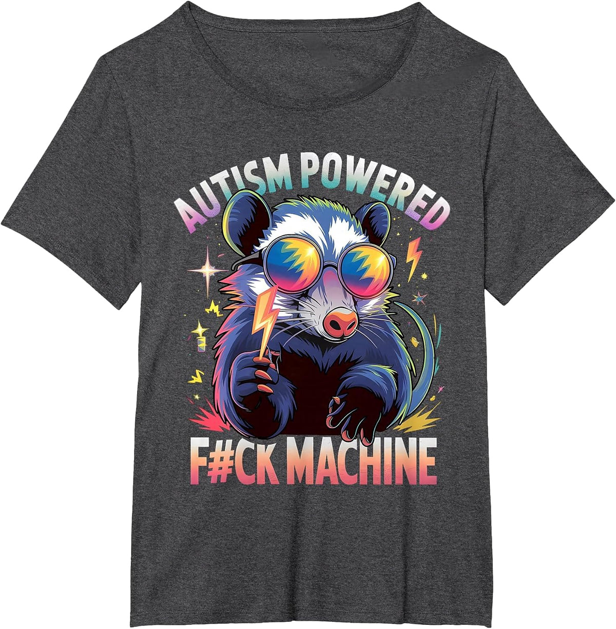 Autism Powered F#ck Machine Funny Meme Opossum Autistic T-Shirt - Dark Heather Grey