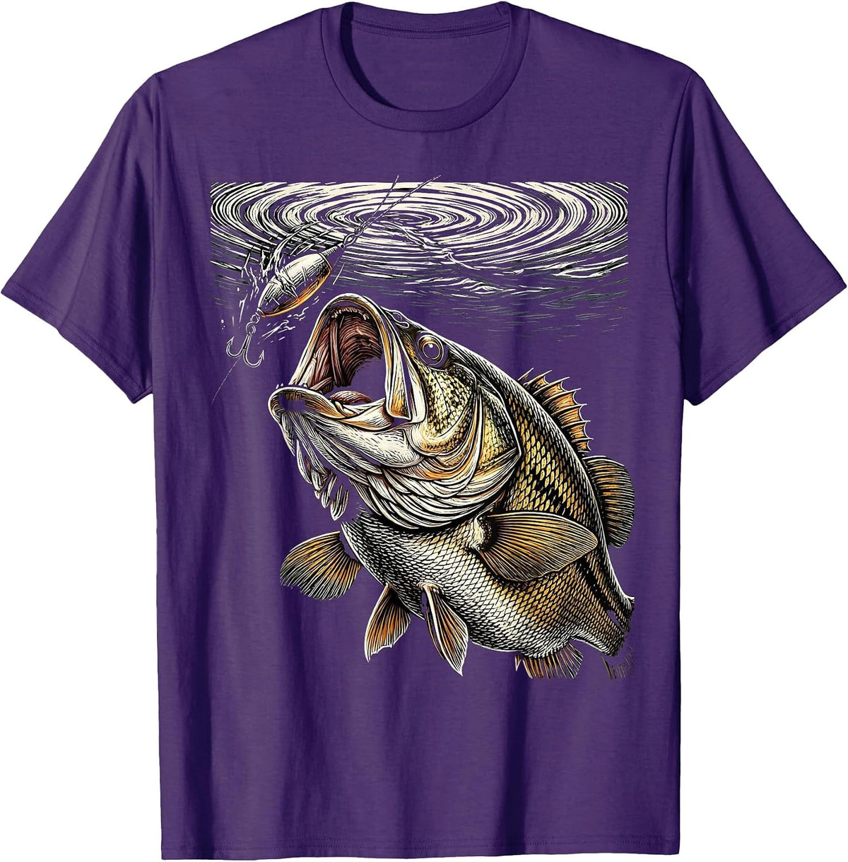 Bass Striking Lure Underwater View Fishing Graphic T-Shirt - Purple