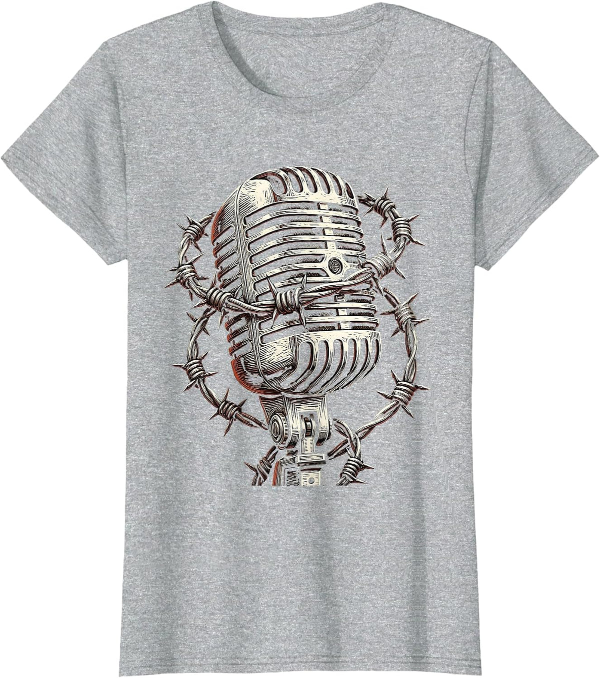 Women's Barbed Wire Microphone Grunge Illustration T-Shirt - Heather Grey