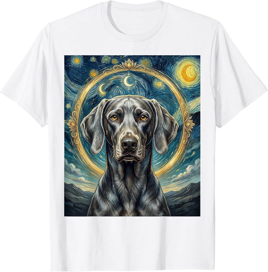 Sleek Weimaraner Van Gogh Starry Night Art Portrait T-Shirt - White