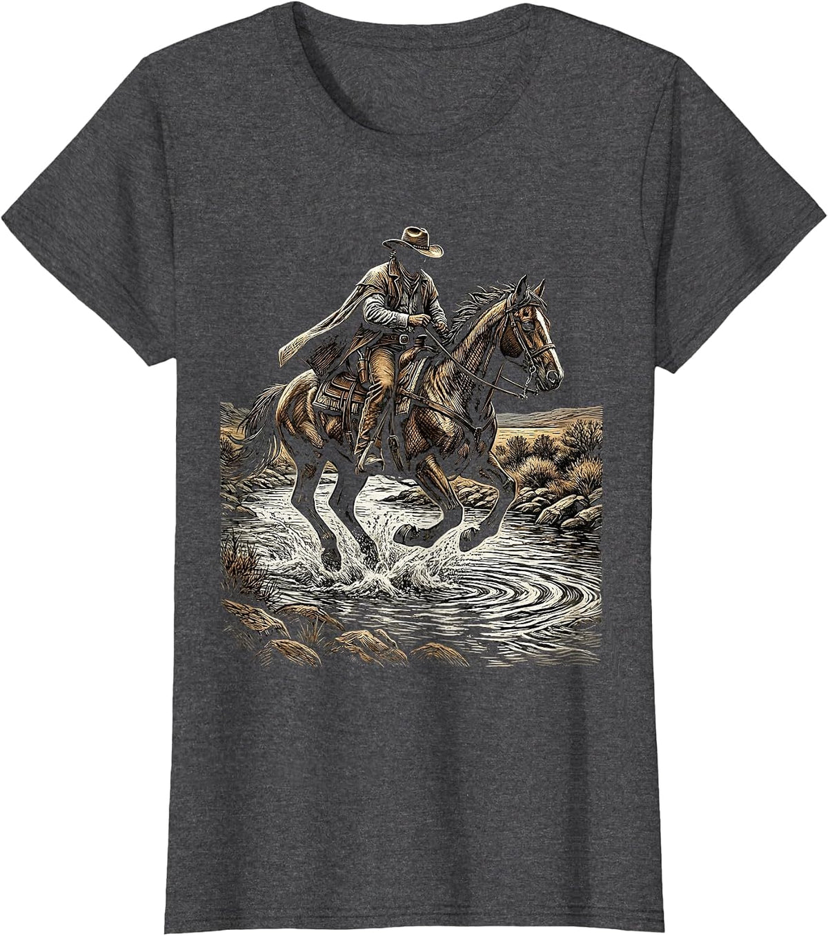 Women's Cowboy Riding Horse Through River Crossing T-Shirt - Dark Heather Grey