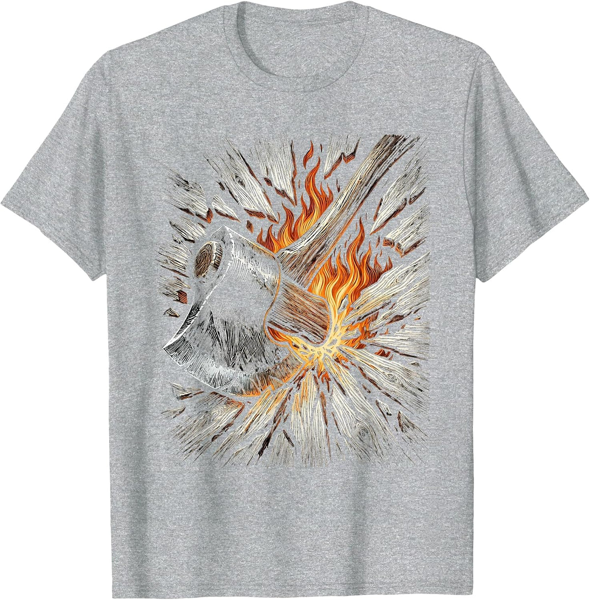 Men's Firefighter Axe Splitting Burning Door Graphic Tee T-Shirt - Heather Grey