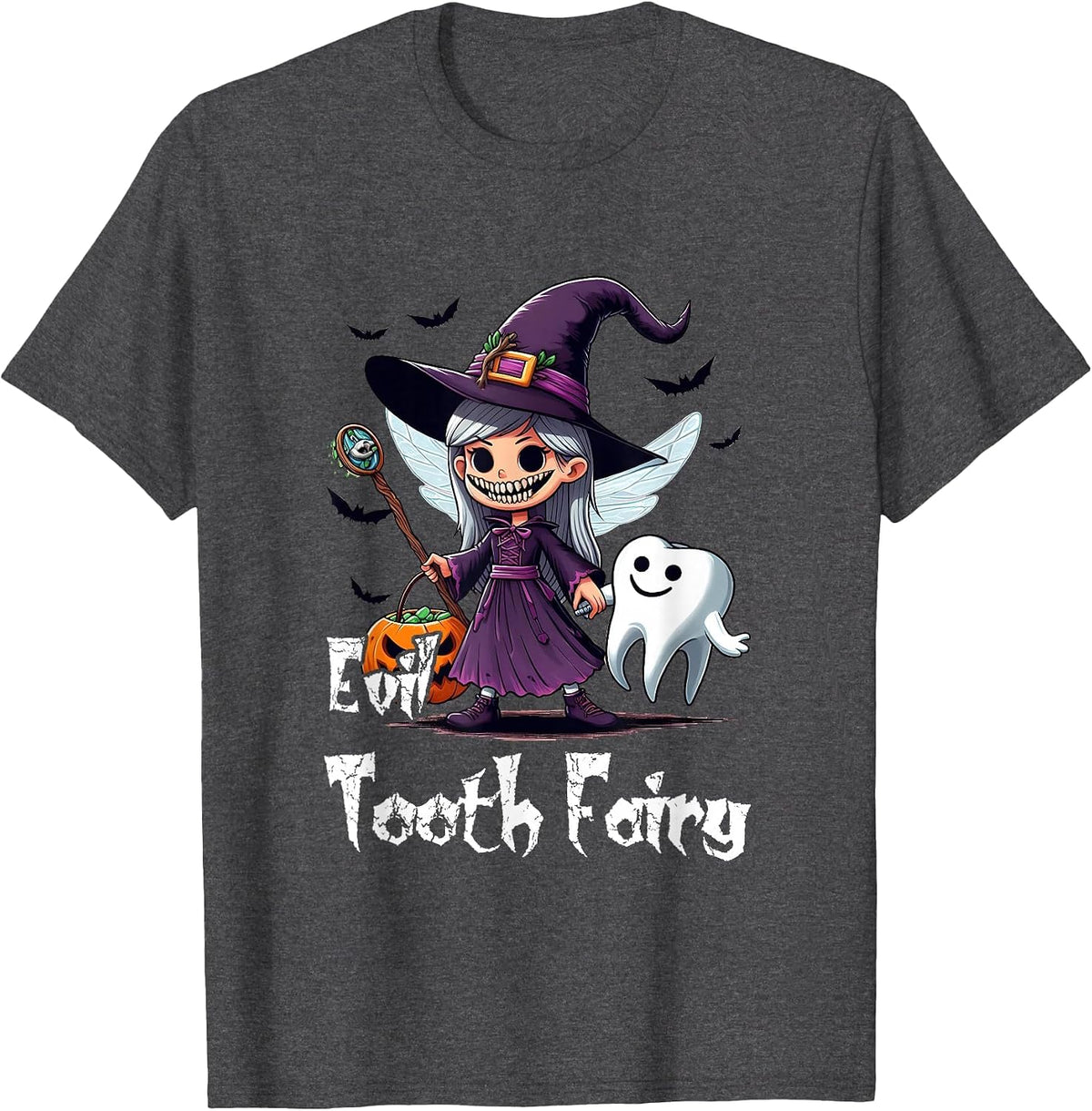 Devil Tooth Fairy Halloween Costume Witch Tooth Scary Dental T-Shirt - Dark Heather Grey