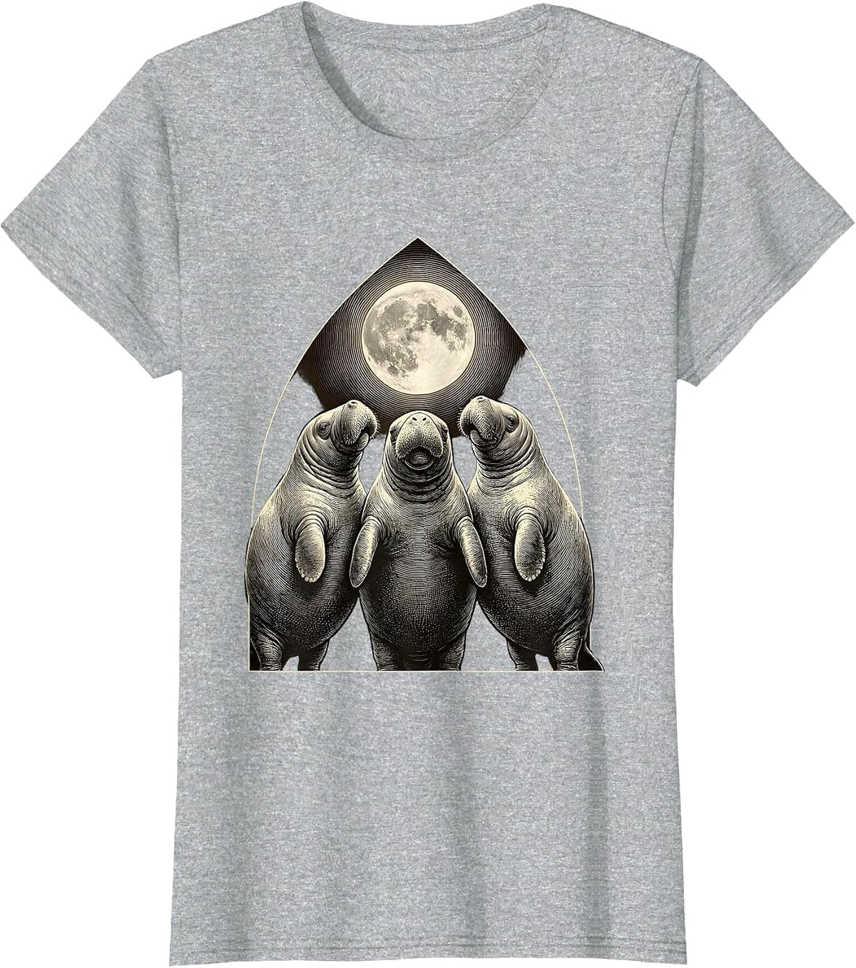 Women's Three Manatees Moon Crosshatch Etching Absurdist Meme T-Shirt - Heather Grey