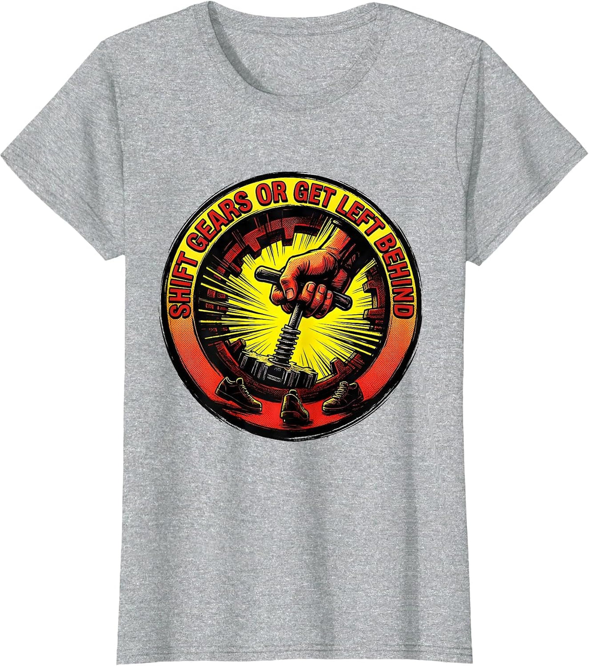 Shift Gears Or Get Left Behind Comic Book Car Guy Stick T-Shirt - Heather Grey