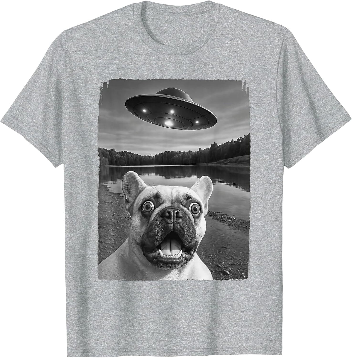 French Dog UFO Selfie Funny Frenchie T-Shirt - Heather Grey