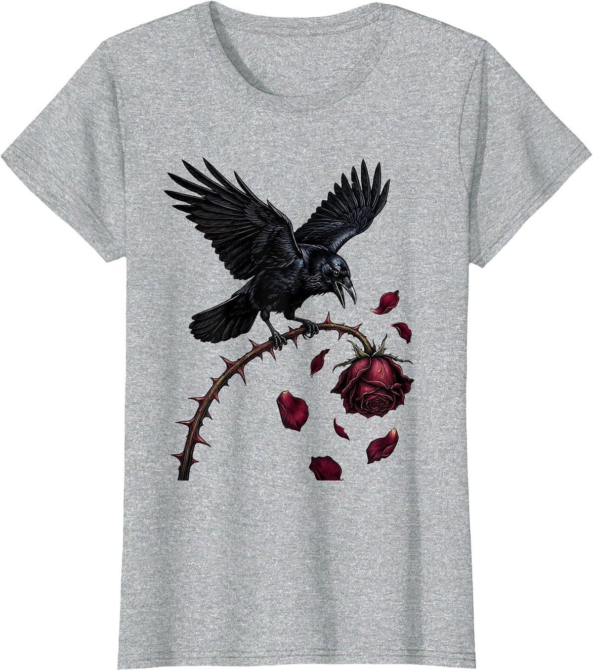 Emo Crow on Thorny Rose Stem Graphic T-Shirt - Heather Grey