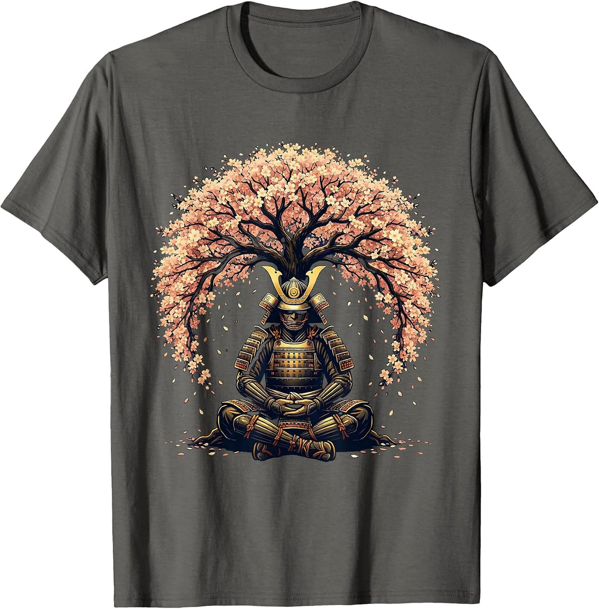 Samurai Meditation Cherry Blossom Graphic T-Shirt - Asphalt Grey