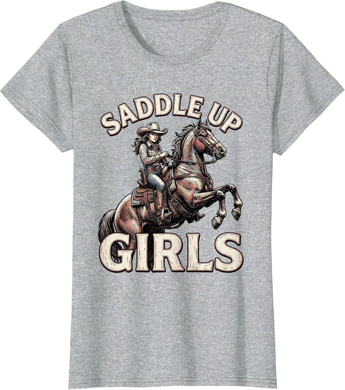 Saddle Up Girls Cowgirl Western Design T-Shirt - Heather Grey