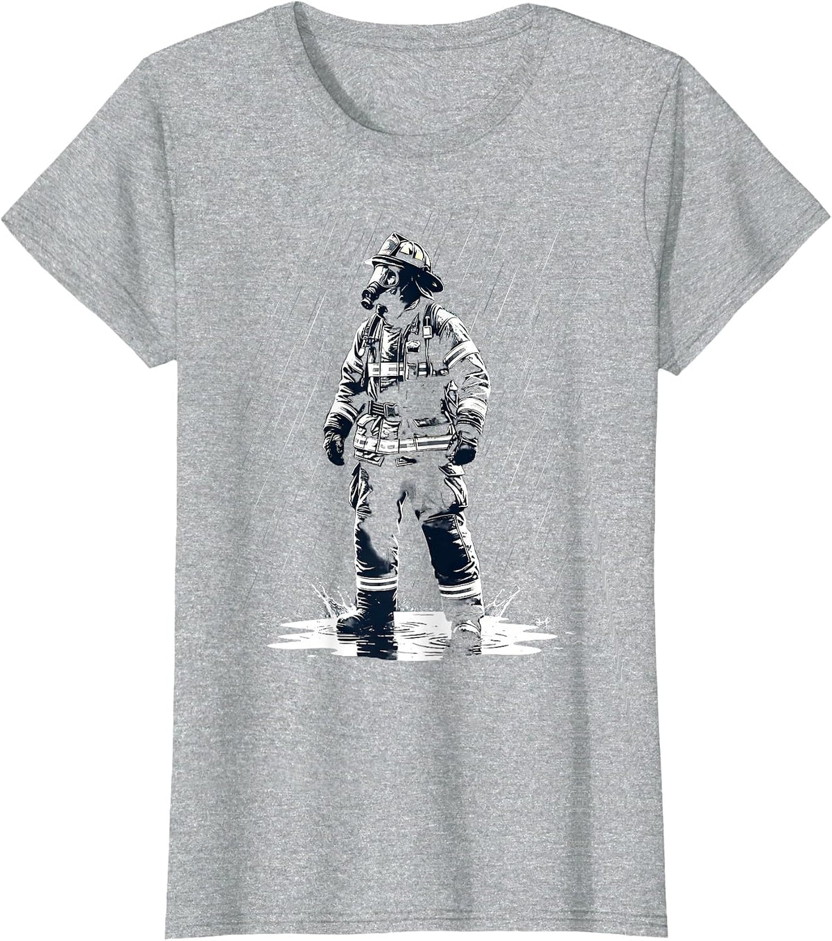 Women's Firefighter in Full Gear Standing in Heavy Rain T-Shirt - Heather Grey