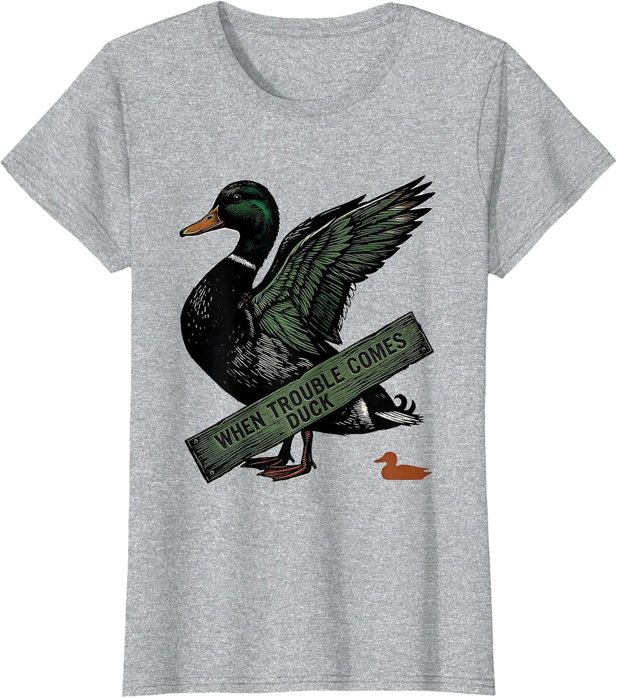 When Trouble Comes, Duck Funny Duck Hunter Linocut Humor T-Shirt - Heather Grey