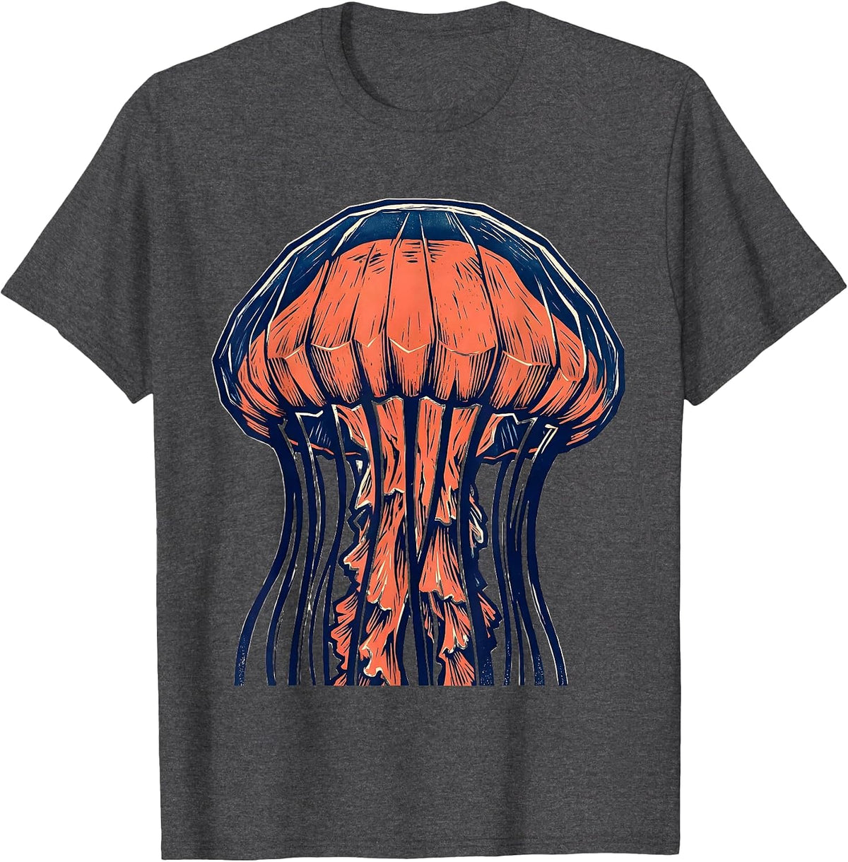 Men's Angular Jellyfish Linocut Ocean Animal Lover Art T-Shirt - Dark Heather Grey