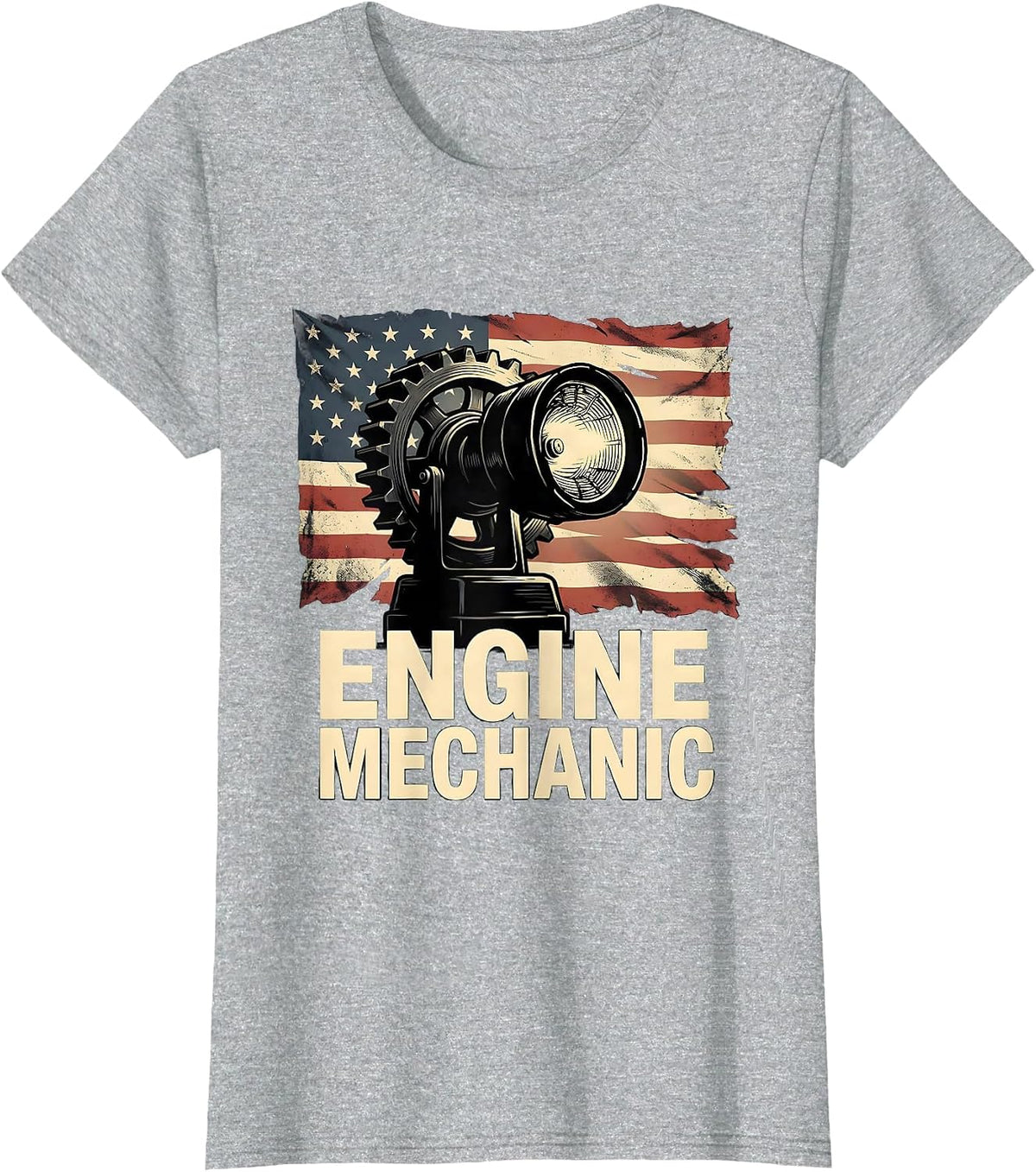 Women's Engine Mechanic Distressed Flag American Worker Patriotic T-Shirt - Heather Grey