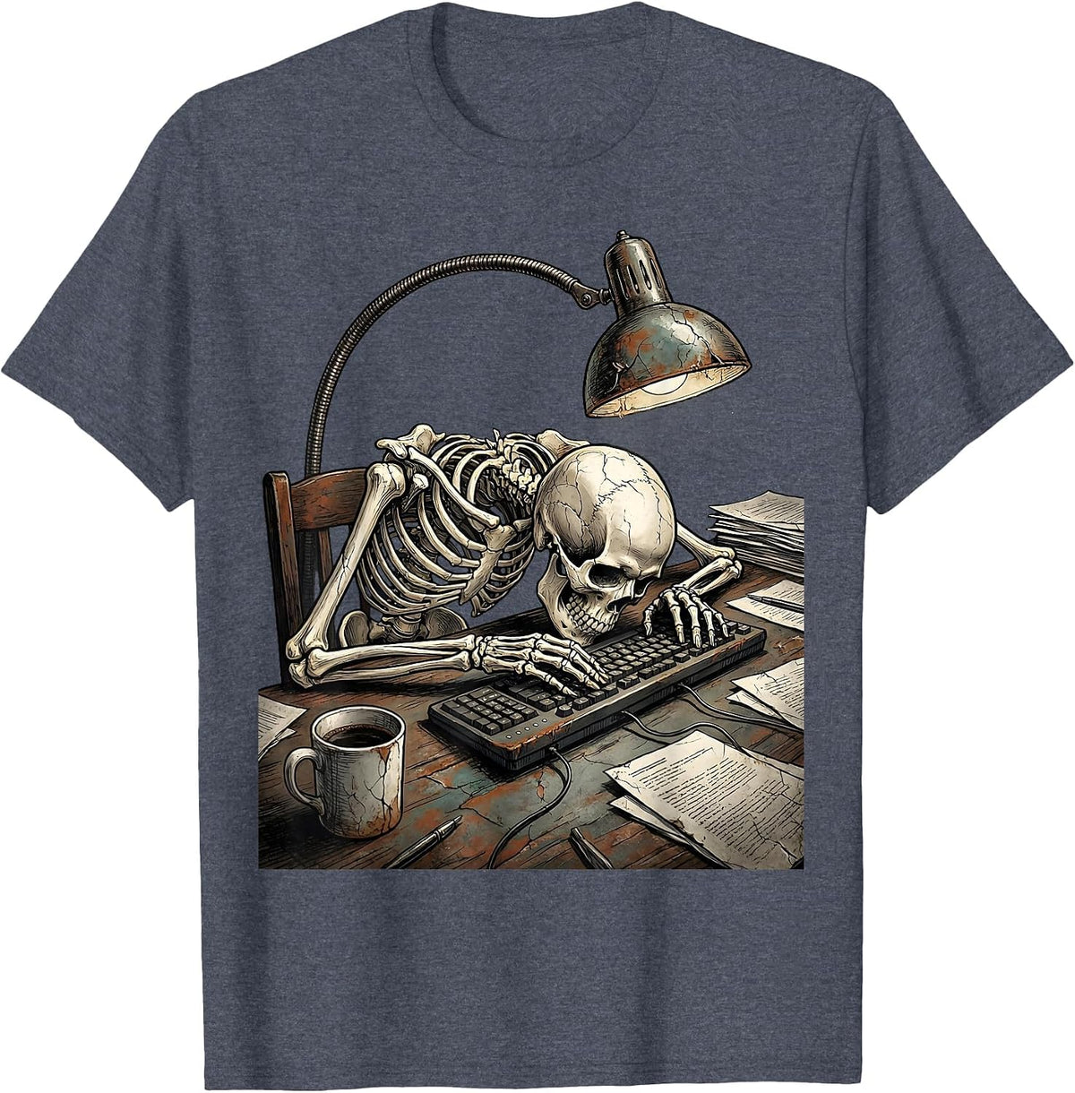 Skeleton Office Worker Slumped Over Keyboard T-Shirt - Heather Blue