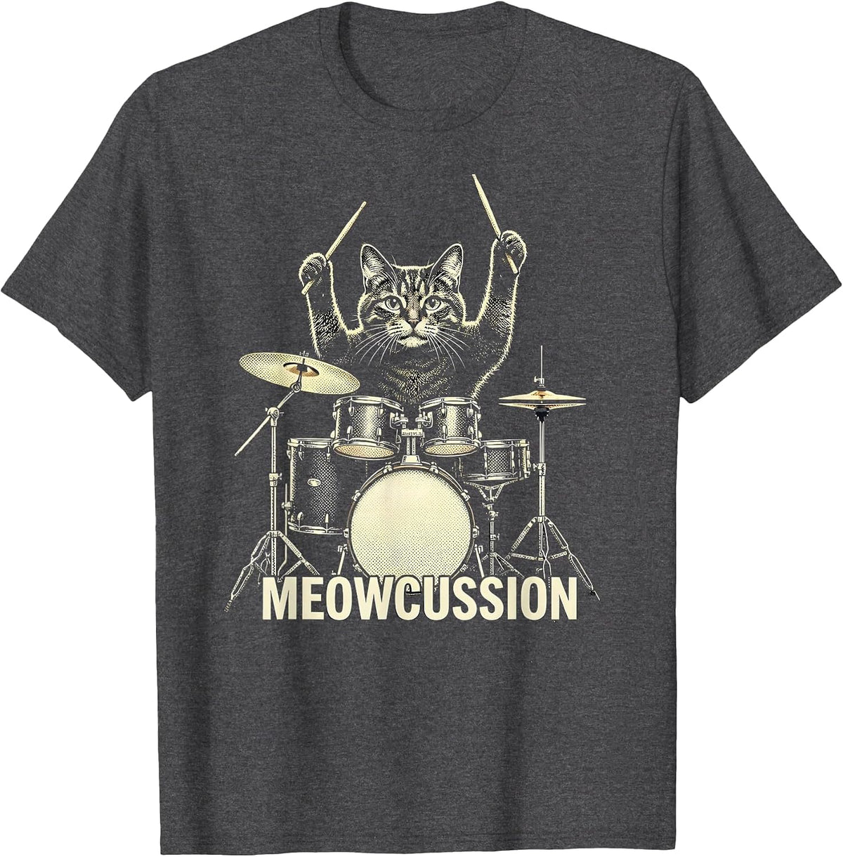 Meowcussion Cat Drummer Rock Humor Pet Lover Gift T-Shirt - Dark Heather Grey