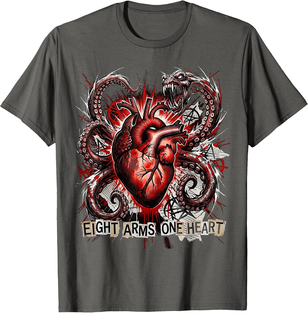 Eight Arms One Heart Octopus Lover Design T-Shirt - Asphalt Grey