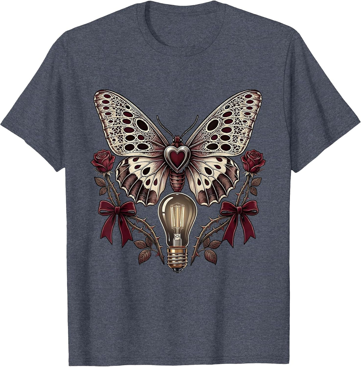 Moth and Vintage Light Bulb Rock Band Graphic T-Shirt - Heather Blue