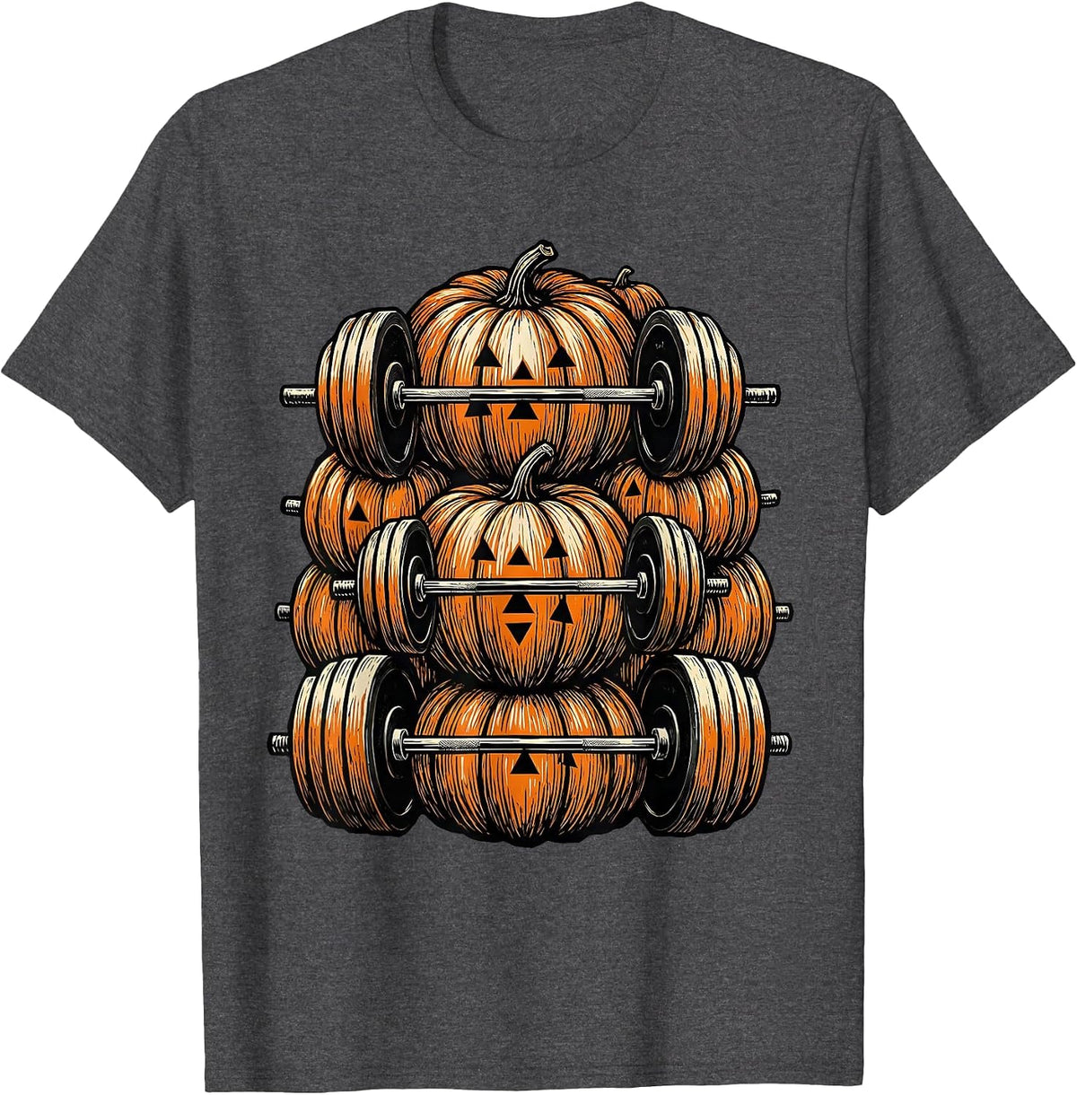 Men's Pumpkin Weightlifting Linocut Halloween Gym Workout T-Shirt - Dark Heather Grey