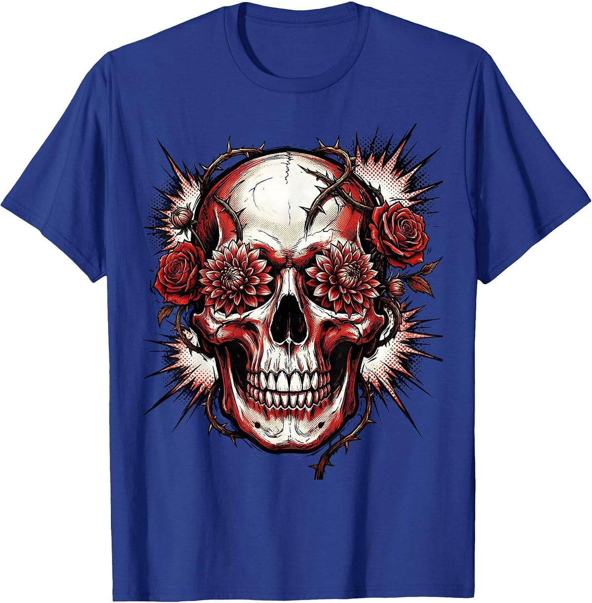 Skull With Blooming Flowers Rock Band Graphic T-Shirt - Royal Blue
