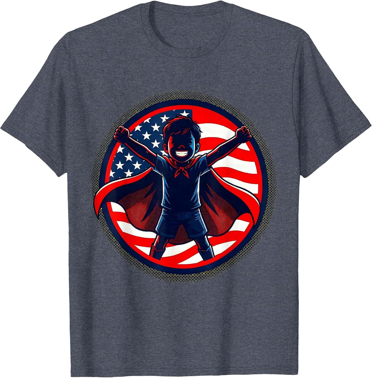 Patriot Day Kids American Flag Cape Hero T-Shirt - Heather Blue