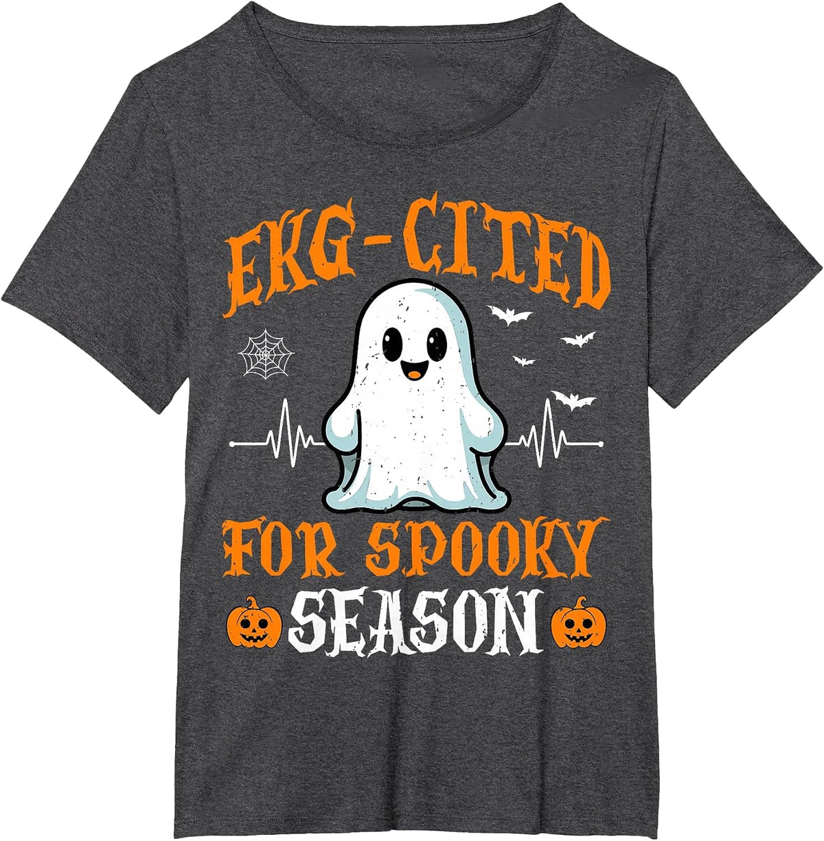 Heartbeat EKG Cited Spooky Cardiac Nurse Ghost Halloween T-Shirt - Dark Heather Grey