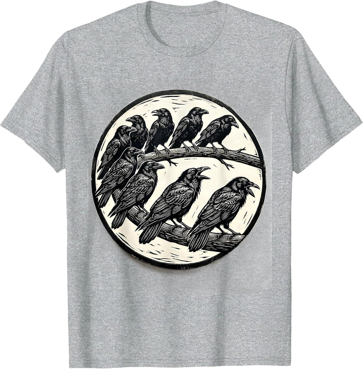 Men's Sealed Crow Woodcut Gothic Humor Novelty T-Shirt - Heather Grey