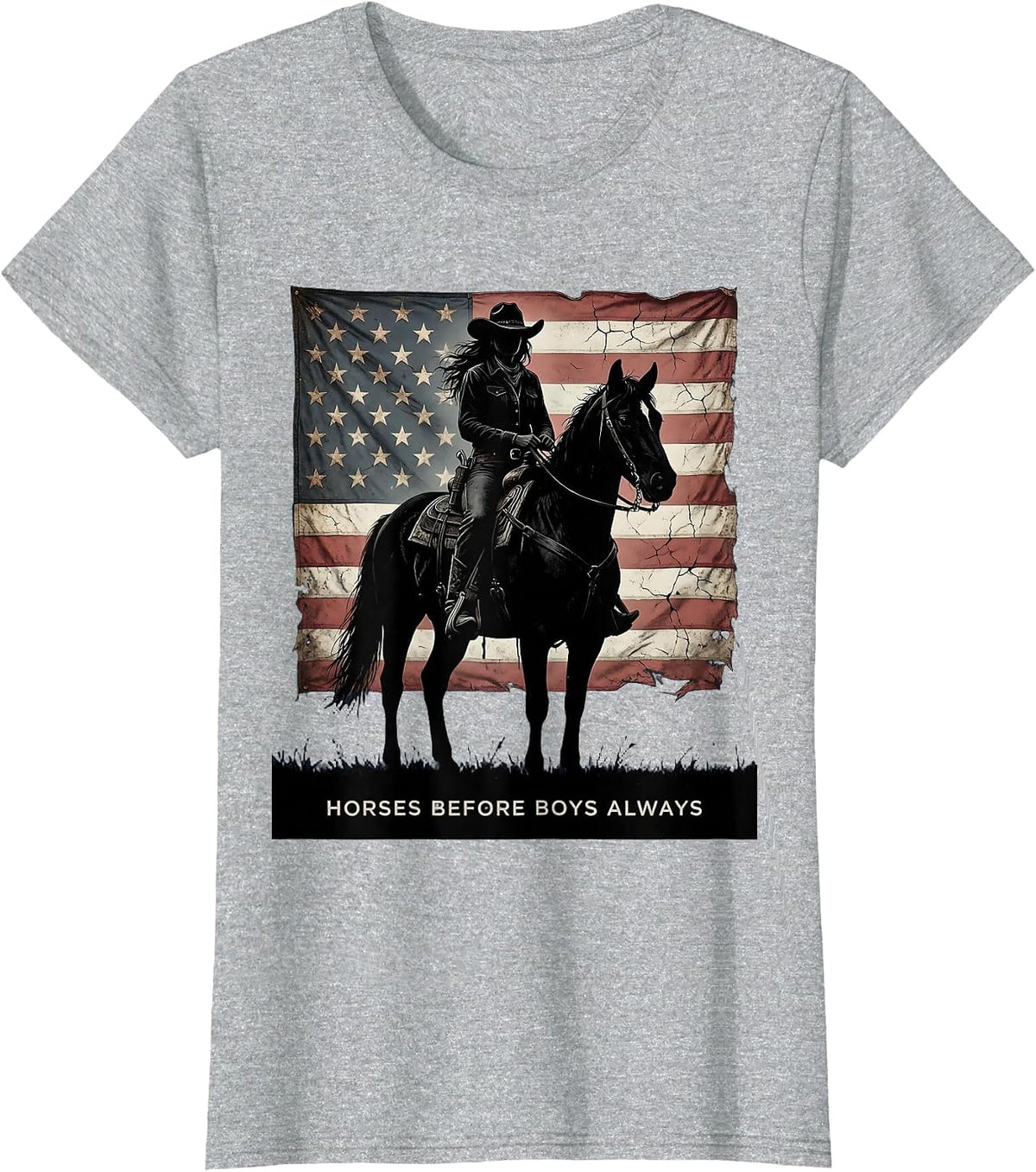 Horses Before Boys Always Cowgirl Design T-Shirt - Heather Grey