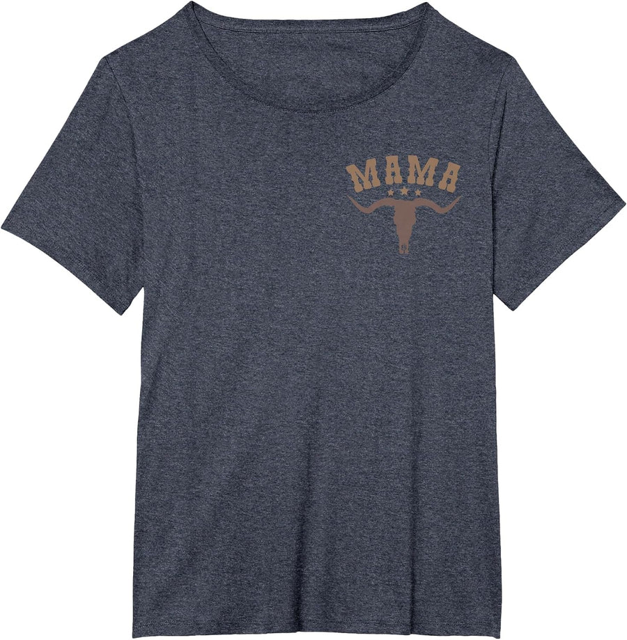 Mama Skull Highland Cow Boy Western Rodeo Family Matching T-Shirt, Women's Plus, Heather Blue, 1X - As Pictured