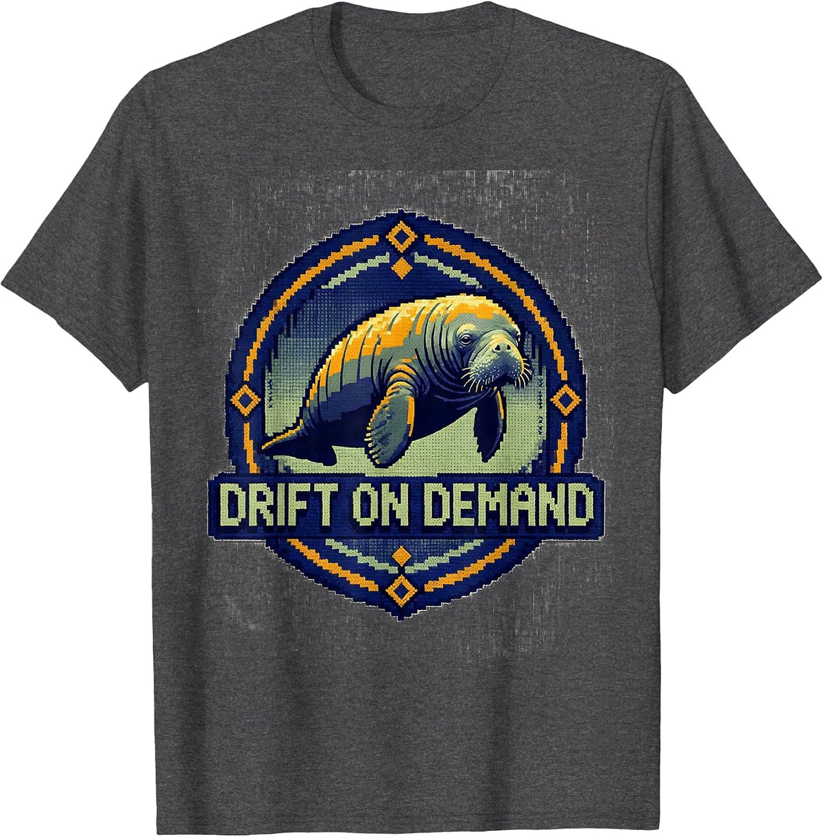 Men's Drift On Demand Cross Stitch Sampler Manatee Lover Humor T-Shirt - Dark Heather Grey