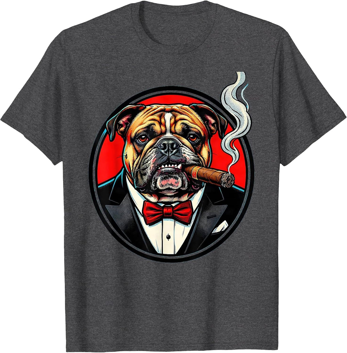 Bulldog in Tuxedo Cigar Chewing Graphic Design T-Shirt - Dark Heather Grey