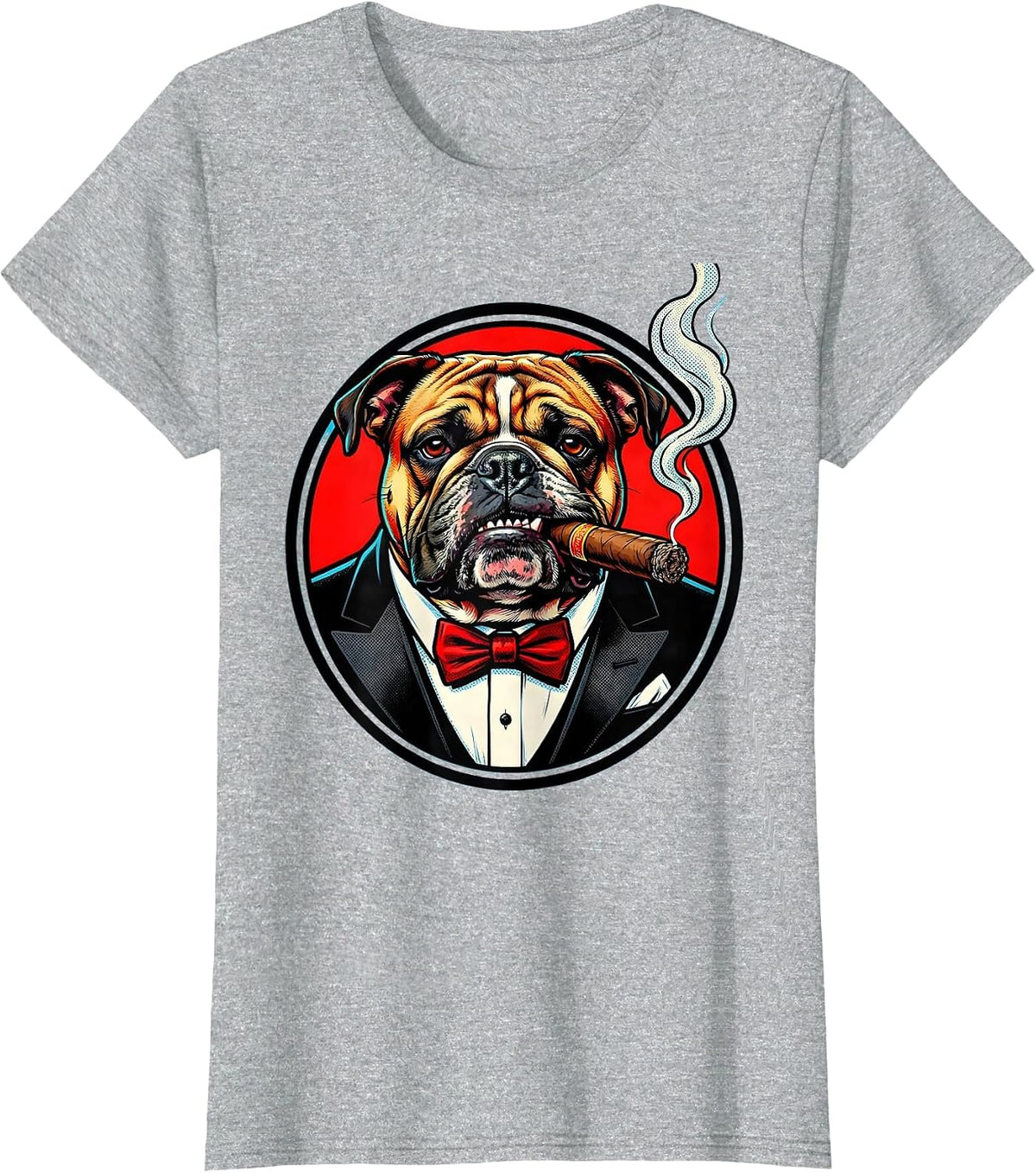 Bulldog in Tuxedo Cigar Chewing Graphic Design T-Shirt - Heather Grey