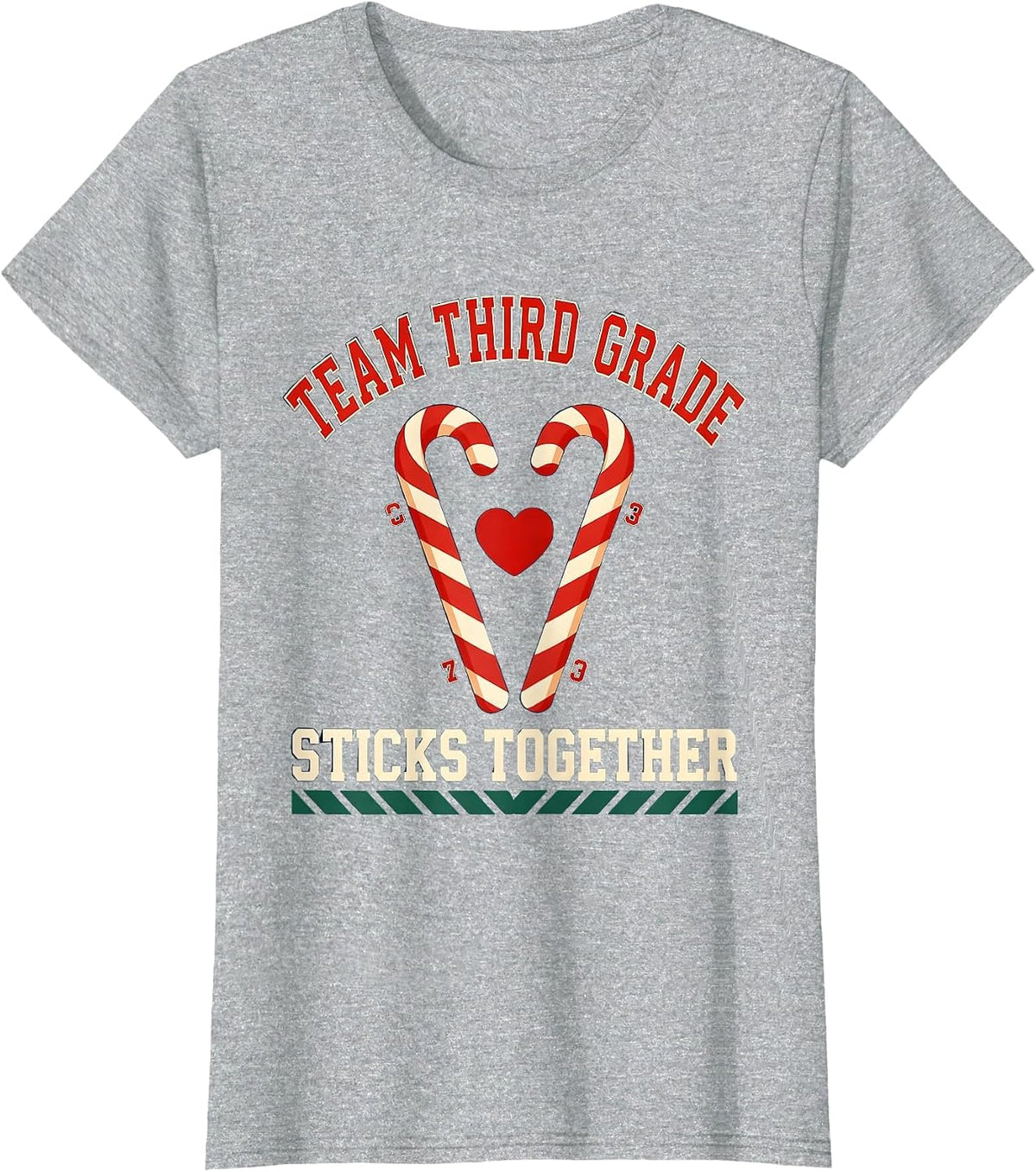Team Third Grade Sticks Together Christmas Candy Cane T-Shirt - Heather Grey