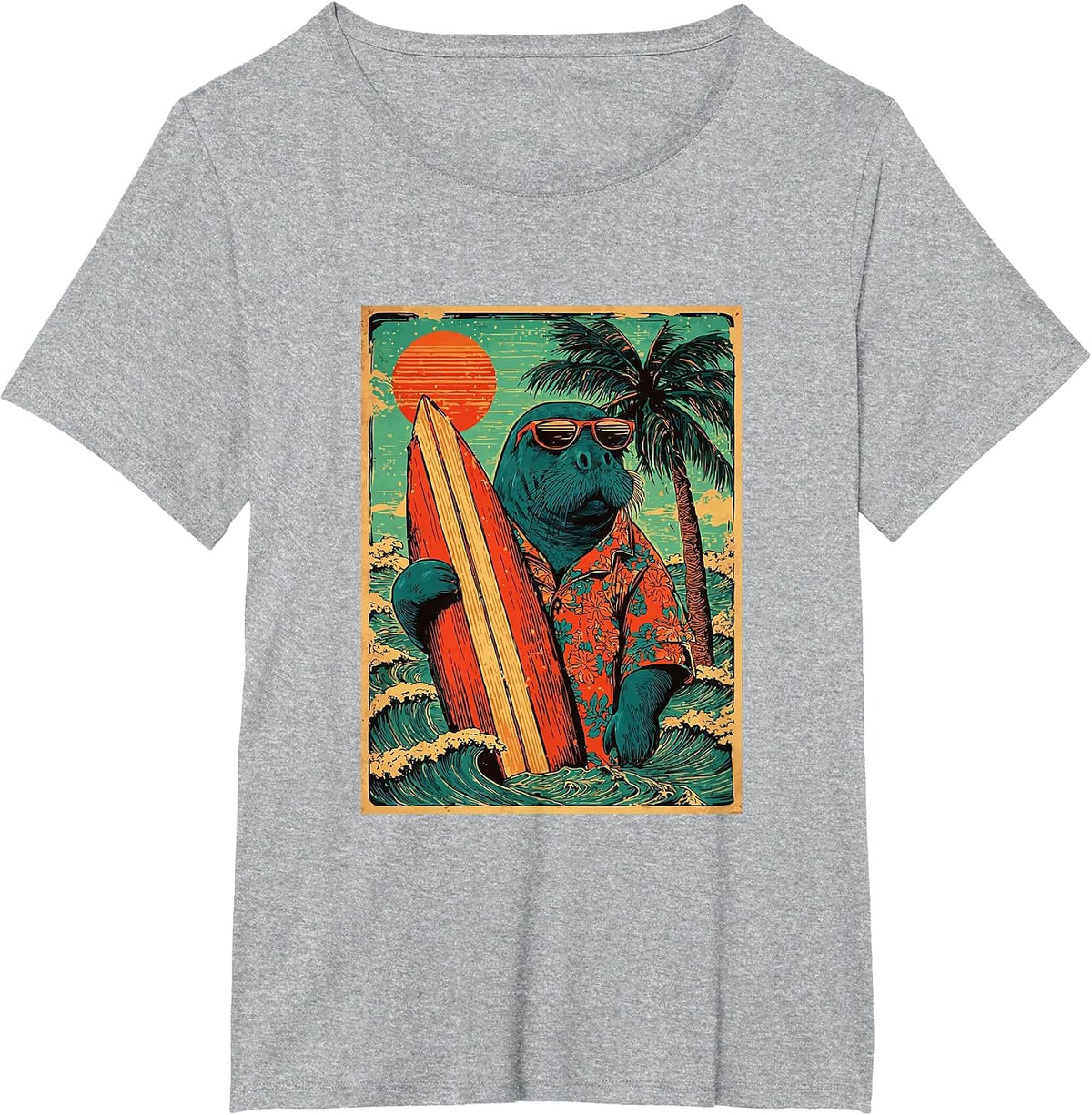 Retro Surfing Manatee Hawaii Vintage Beach Summer Surfer T-Shirt - Heather Grey