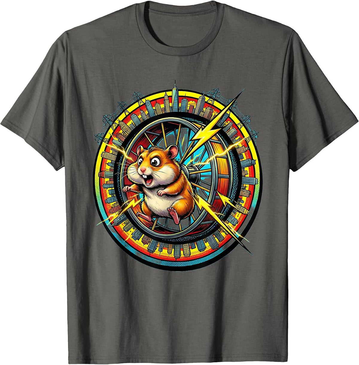 Hamster Wheel Powers Tiny City Funny Graphic T-Shirt - Asphalt Grey