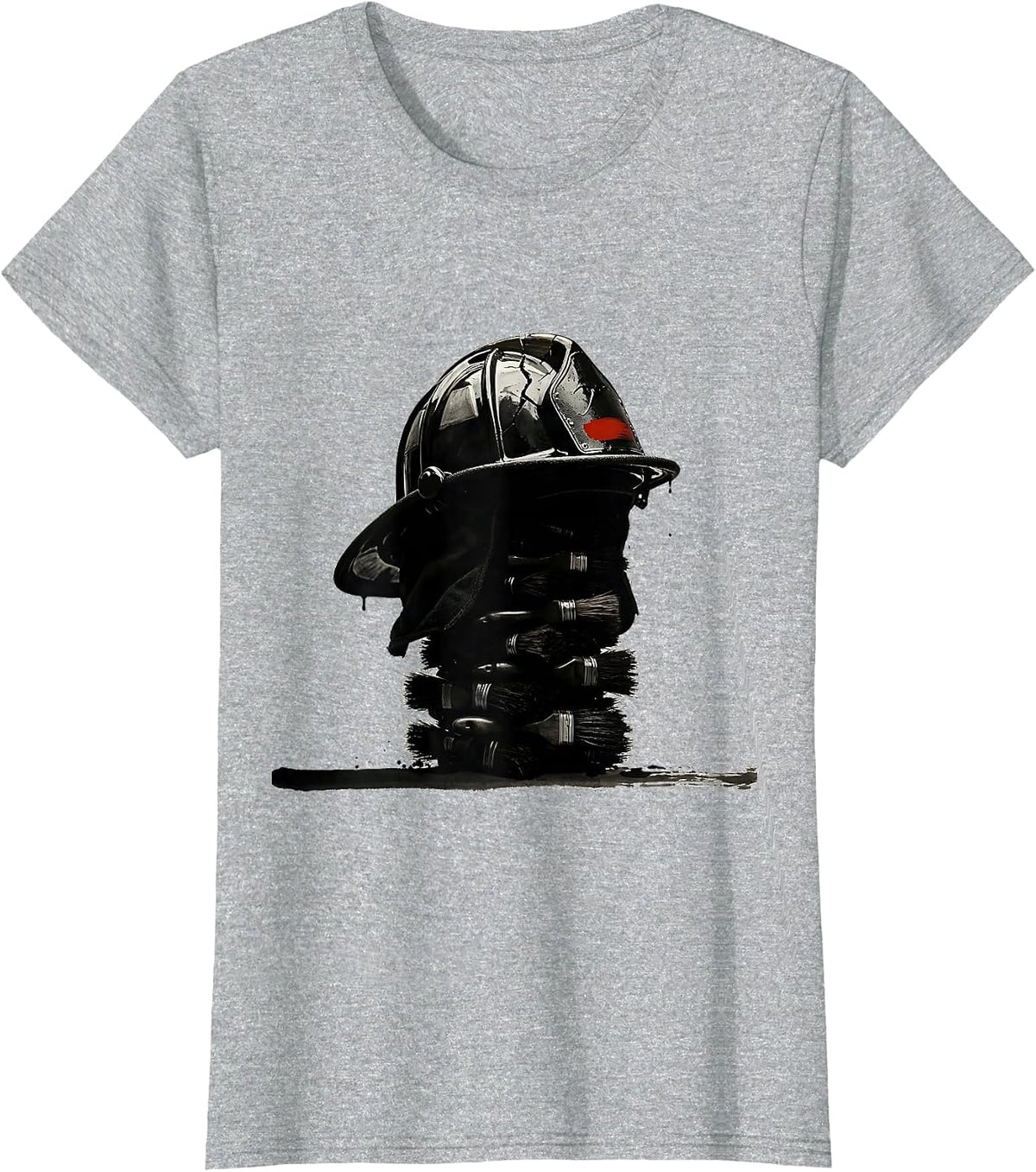 Fire Helmet Ink Brush Firefighter Pride Art T-Shirt - Heather Grey