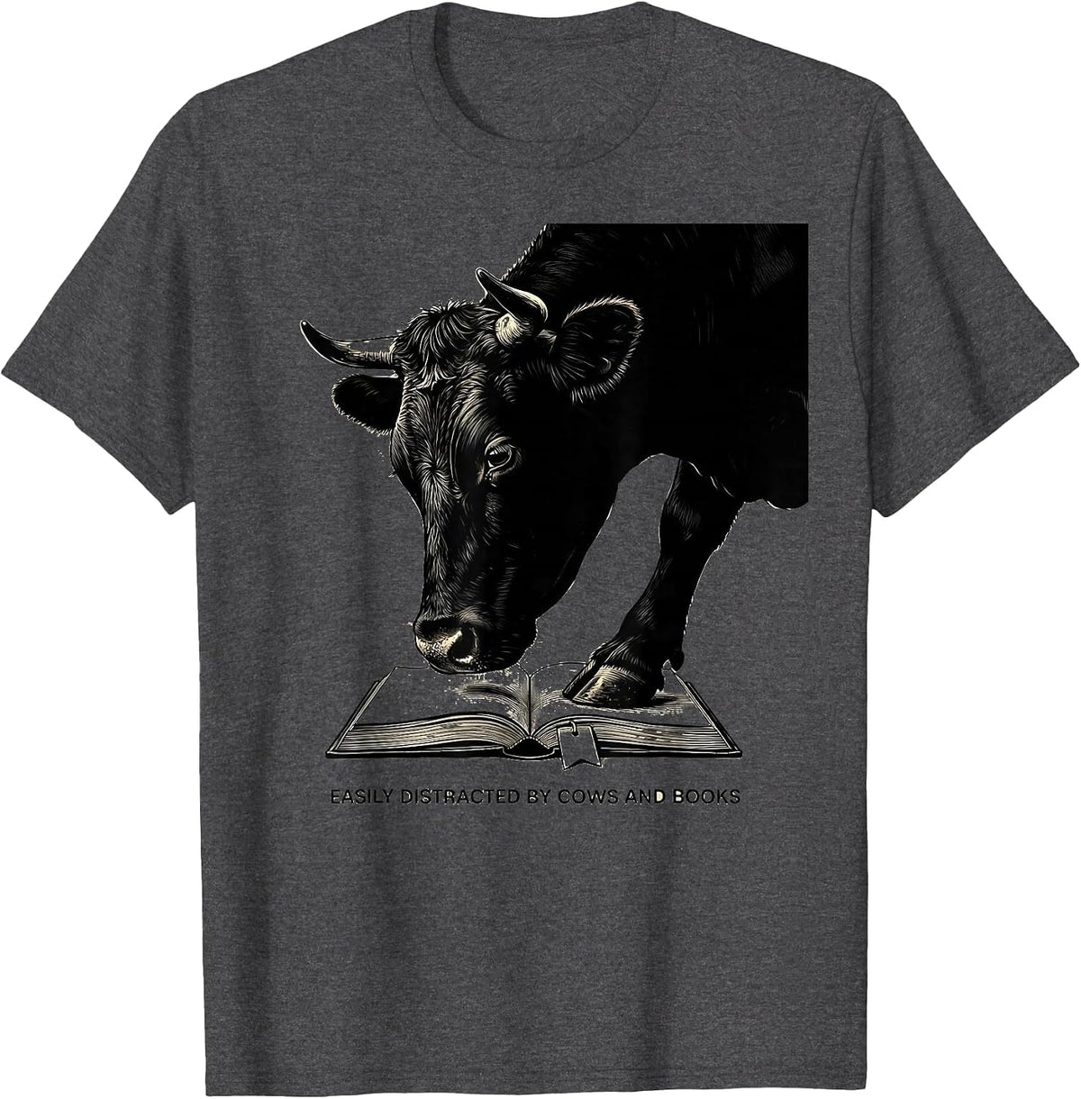 Men's Easily Distracted By Cows And Books Funny Book Lover Animal T-Shirt - Dark Heather Grey