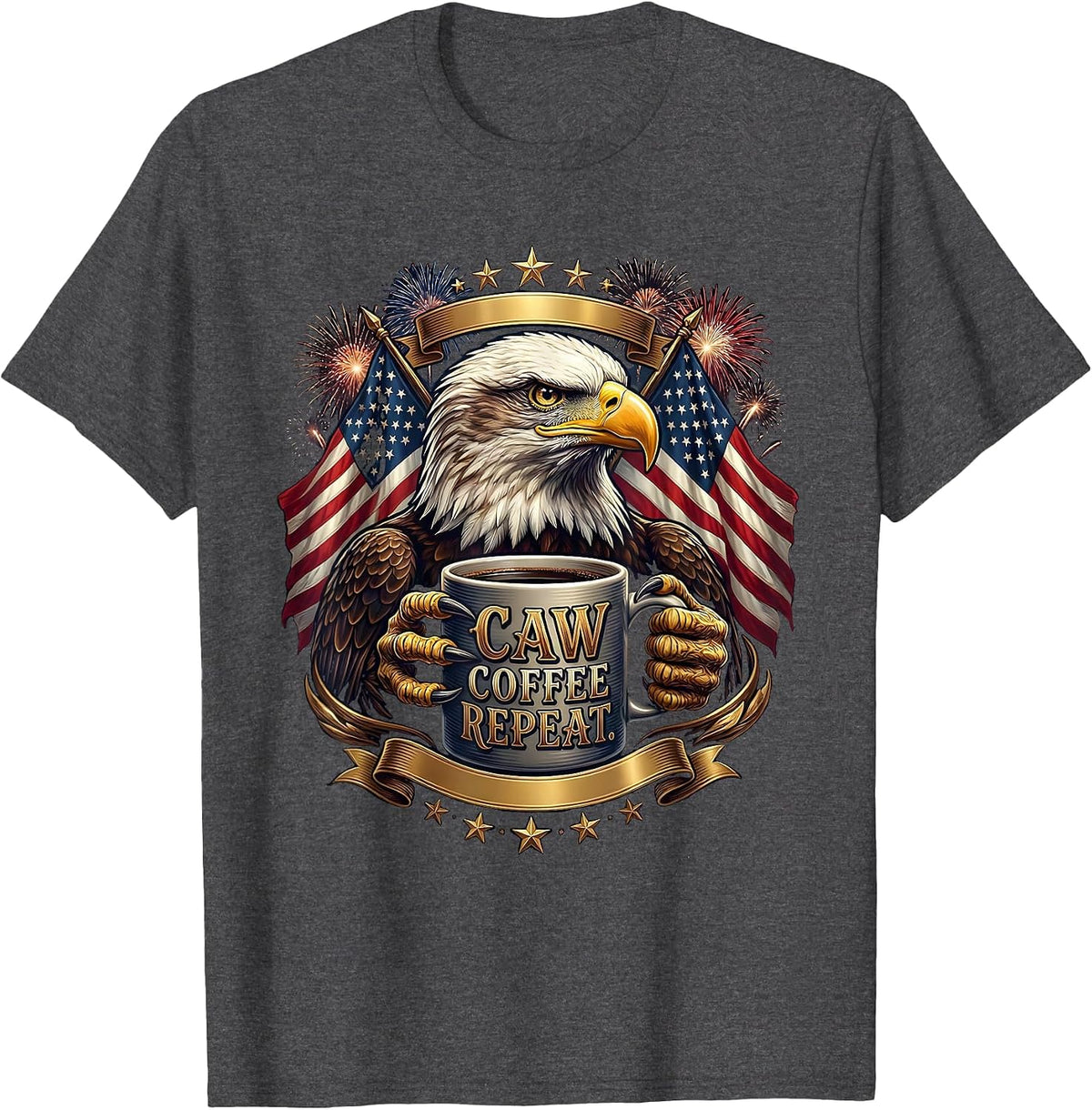 Men's Caw Coffee Repeat Funny Crow Bird Lover Design T-Shirt - Dark Heather Grey